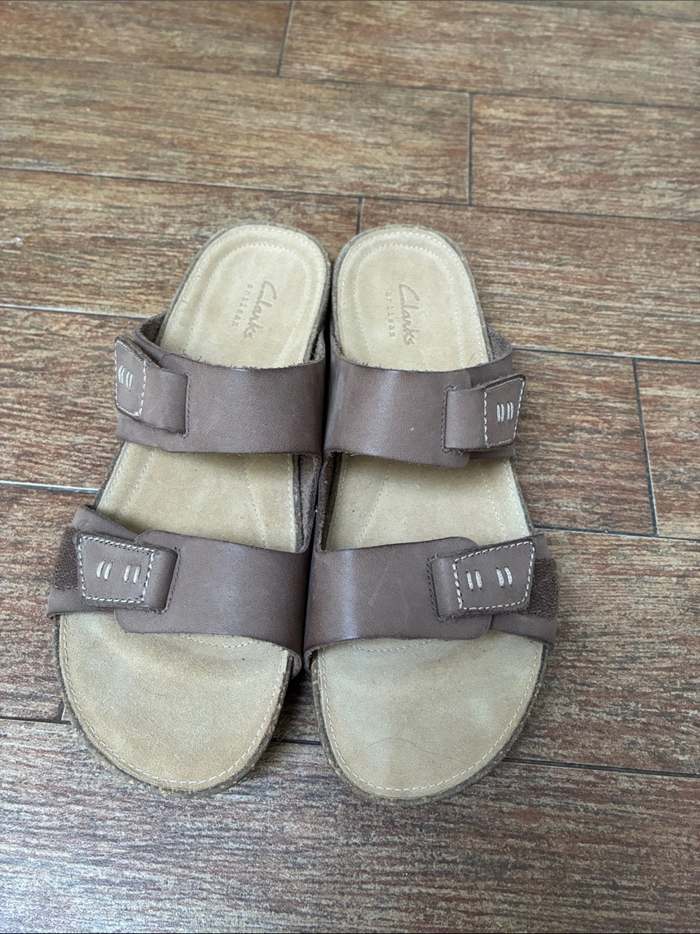Clarks Men’s Brown Double-Strap Leather Slide Sandals